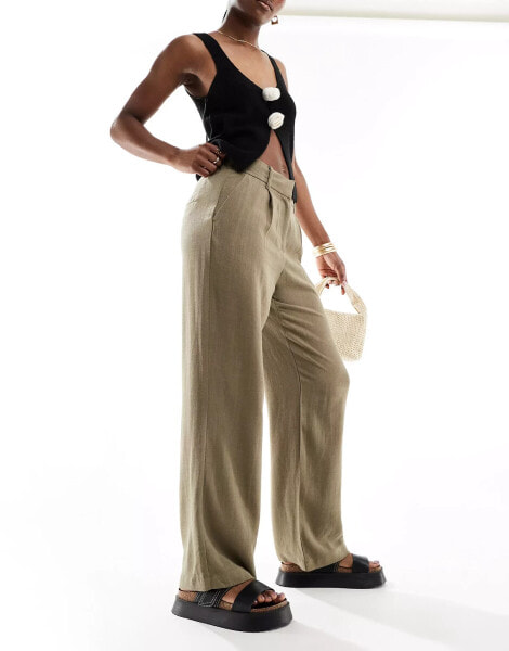 Vero Moda linen wide leg dad trousers in khaki green