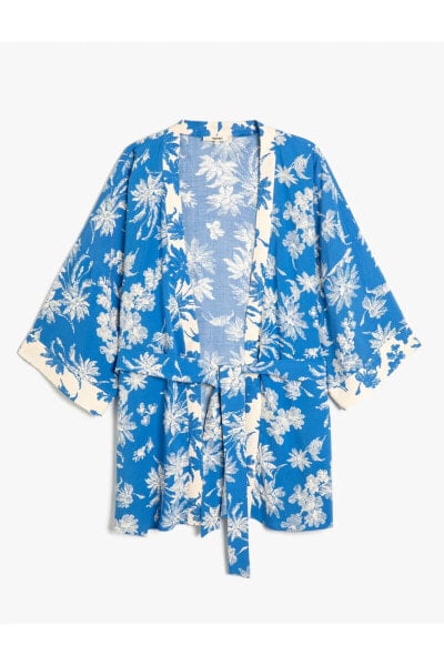 Oversize Kimono Viskon Çiçekli Kuşaklı
