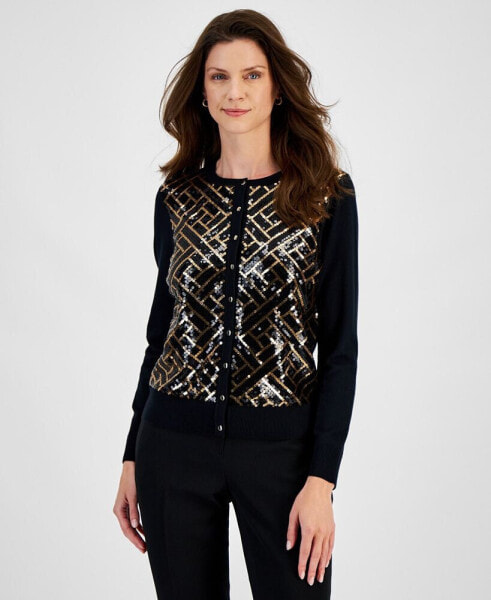 Women's Sequined Button-Down Party Cardigan Sweater, Created for Macy's