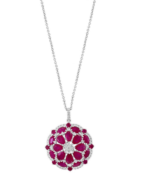 EFFY® Ruby (6-7/8 ct. t.w.) & Diamond (5/8 ct. t.w.) Flower Cluster 18" Pendant Necklace in 14k White Gold