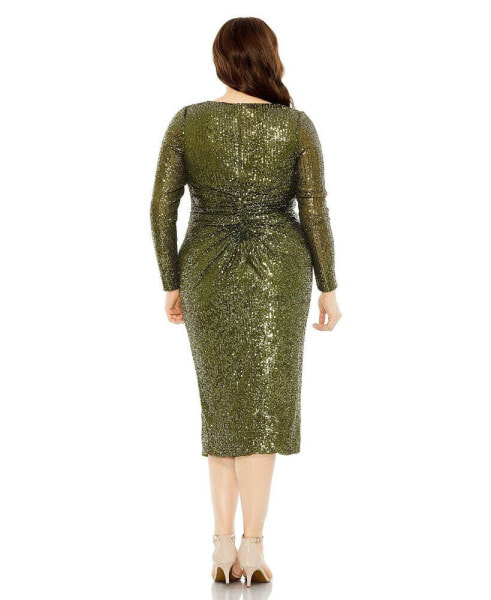 Women's Plus Size Long Sleeve Sequin Gathered Waist Dress