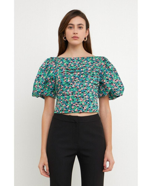 Women's Bright Floral Ruched Poplin Top