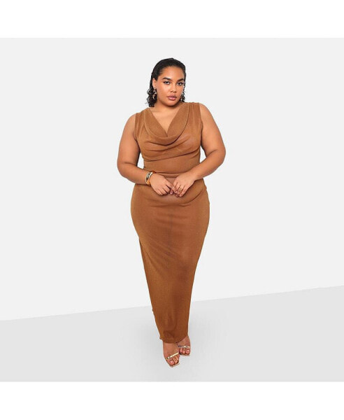 Plus Size Samira Sheer Glitter Mesh Cowl Neck Maxi Bodycon Dress