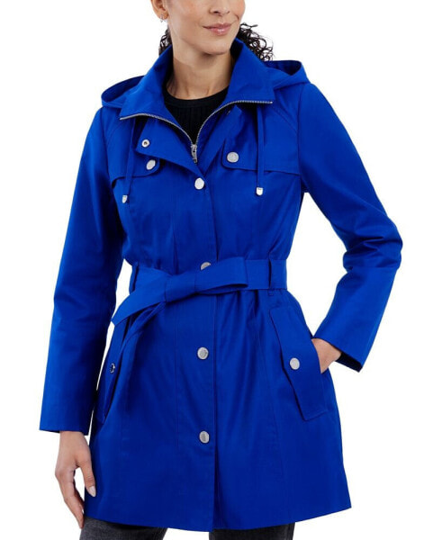 Petite Hooded Belted Zip-Front Raincoat