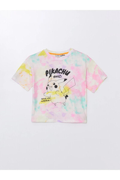 Bisiklet Yaka Pikachu Baskılı Kısa Kollu Kız Çocuk Crop Tişört