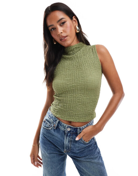 ASOS DESIGN textured high neck top in khaki