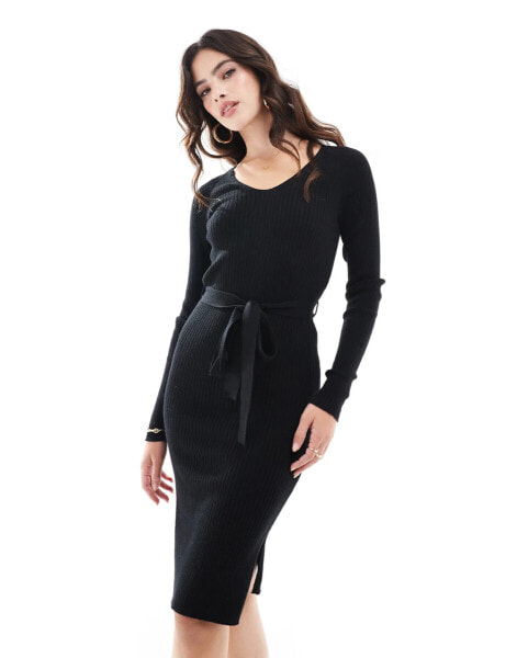 Vero Moda long sleeve rib knit midi dress with belt in black