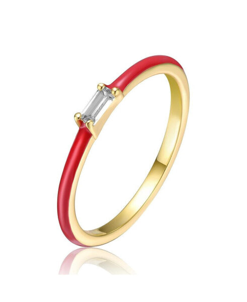 Girls/Teens Sterling Silver 14k Yellow Gold Plated with Cubic Zirconia Baguette Solitaire Magenta-Red Enamel Slim Stacking Ring