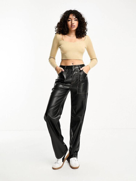 Only Tall high waisted wide leg faux leather contrast stitch trousers in black