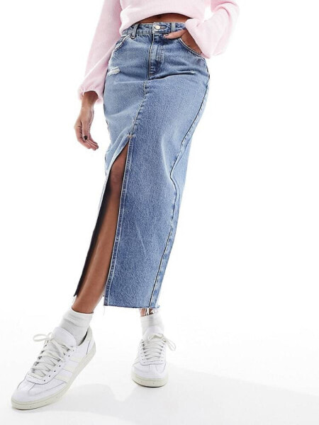 New Look ripped denim midaxi skirt in blue