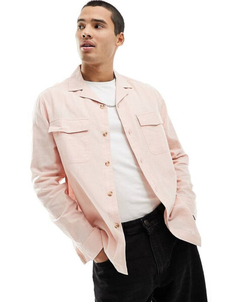 ASOS DESIGN linen blend revere collar overshirt with double pockets in light pink