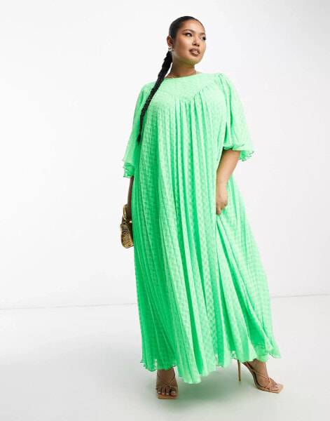 ASOS DESIGN Curve dobby pleated midi dress with pleated sleeves and V detail in green