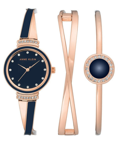 Women's Rose Gold-Tone Alloy Bangle with Navy Enamel and Crystal Accents Fashion Watch 33mm Set 3 Pieces