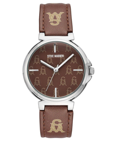 Women's Dual Colored Dark Brown and Light Brown Polyurethane Leather Strap with Steve Madden Logo and Stitching Watch, 36mm