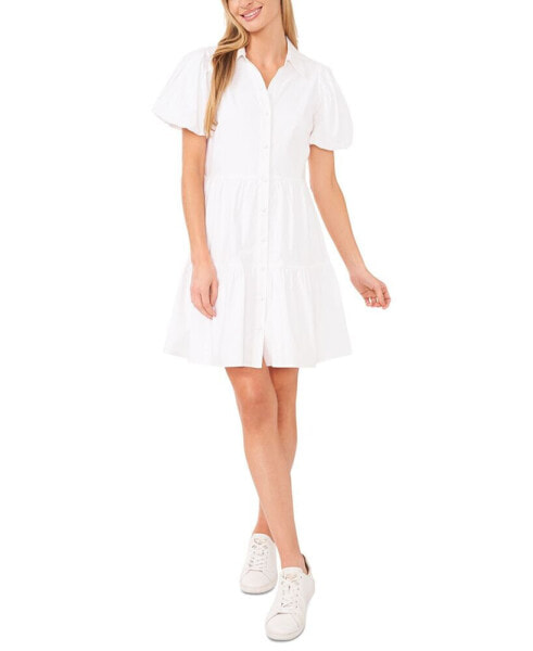 Women's Collared Puff-Sleeve Tiered Shirtdress