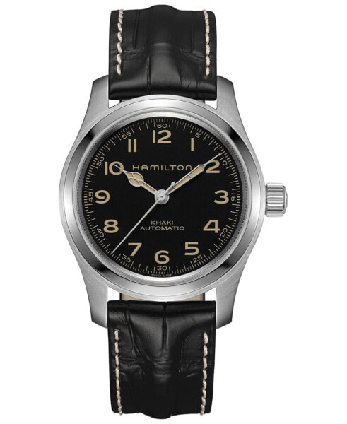 Men’s Swiss Automatic Khaki Field Murph Black Leather Strap Watch 42mm