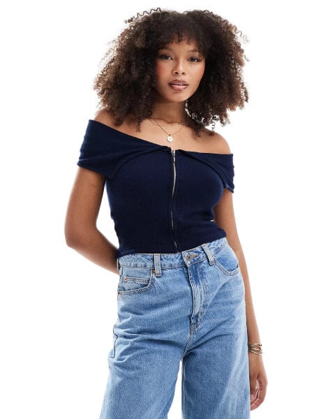 Pull&Bear zip through bardot top in navy blue