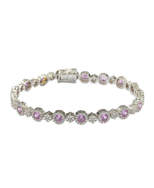 Pink Sapphire & Lab-Grown White Sapphire Round Halo Cluster Tennis Bracelet in Sterling Silver