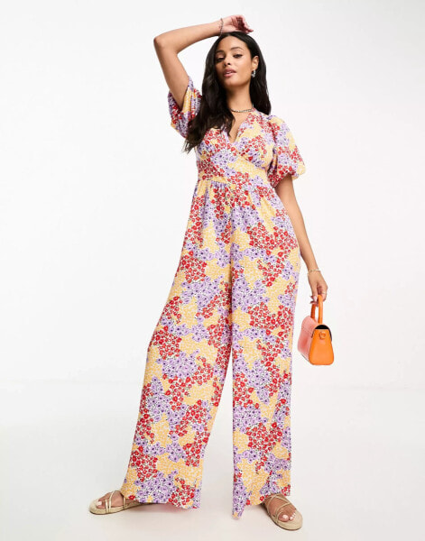 Influence v neck strappy back wide leg jumpsuit in floral print