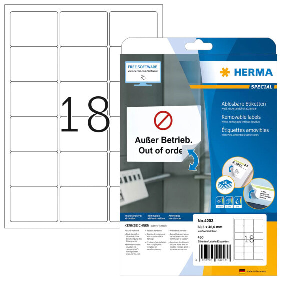 HERMA Removable labels A4 63.5x46.6 mm white Movables/removable paper matt 450 pcs. - White - Self-adhesive printer label - A4 - Paper - Laser/Inkjet - Removable