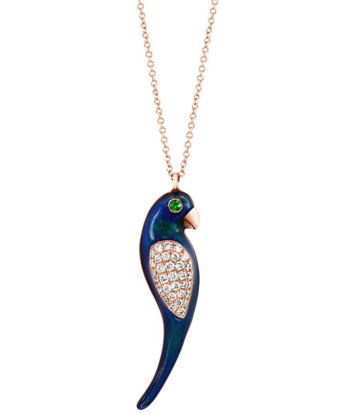 EFFY® Diamond (1/4 ct. t.w.), Tsavorite Accent & Blue Enamel Parrot 18" Pendant Necklace in 14k Rose Gold