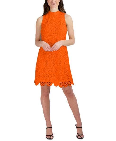 Women's Eyelet Mock-Neck Shift Dress