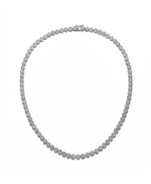 Sterling Silver with White Gold Plated Clear Round Cubic Zirconia Flower Design Tennis Necklace
