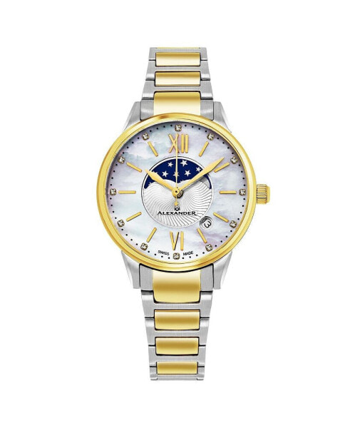 Ladies Quartz Moonphase Date Watch with Yellow Gold Tone Stainless Steel Case on Yellow Gold Tone Stainless Steel and Stainless Steel Bracelet, Silver DIAMOND Dial