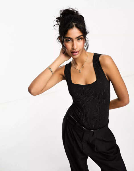 River Island hotfix slinky square neck bodysuit in black