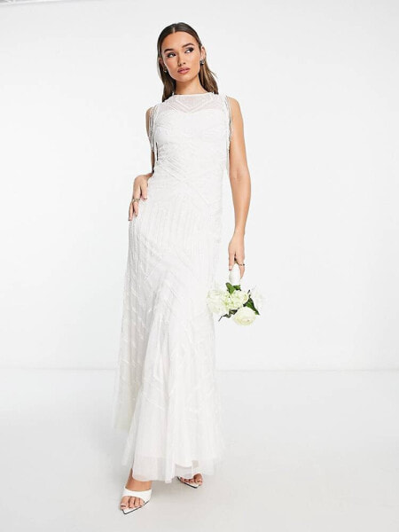 Starlet Bridal exclusive cap sleeve fringe maxi dress in ivory