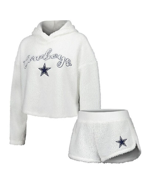 Women's White Dallas Cowboys Fluffy Pullover Sweatshirt and Shorts Sleep Set