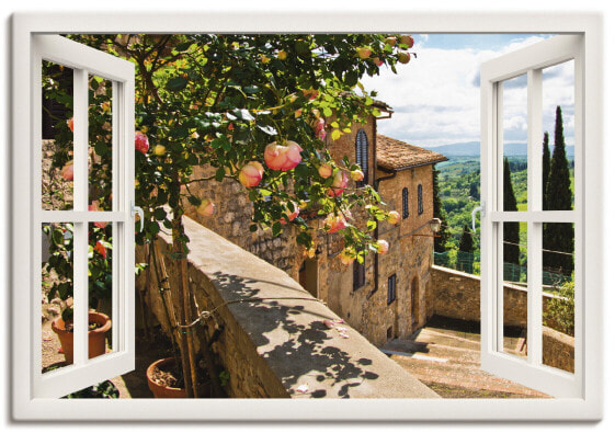 Leinwandbild Fenster Rosen auf Balkon