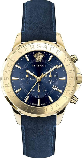 Versace Chrono Signature Herrenuhr Blau Leder Gold Stahl 44mm VEV600319