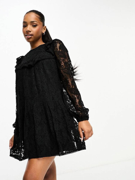 Miss Selfridge lace frill detail smock dress in black