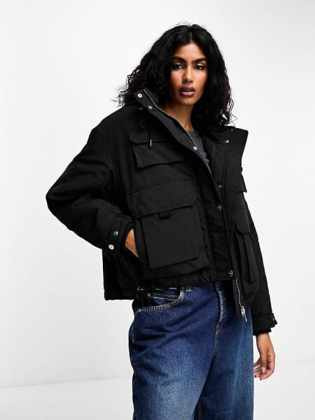 Bershka utility denim hooded jacket in black