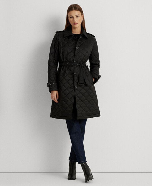 Women's Belted Velboa-Lined Quilted Trench Coat