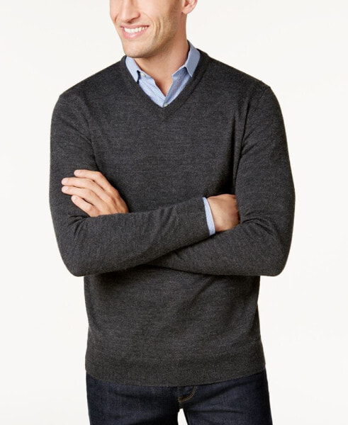 Men's Solid V-Neck Merino Wool Blend Sweater, Created for Macy's