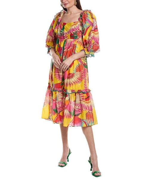 Farm Rio Colorful Toucans Scalops Midi Dress Women's Yellow Xs