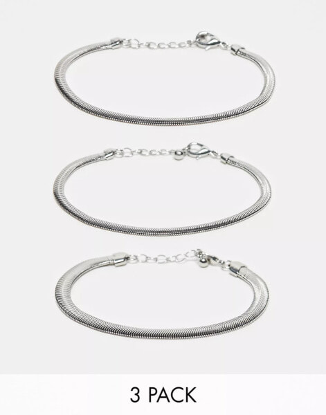 ASOS DESIGN 3 pack snake chain bracelet in silver tone