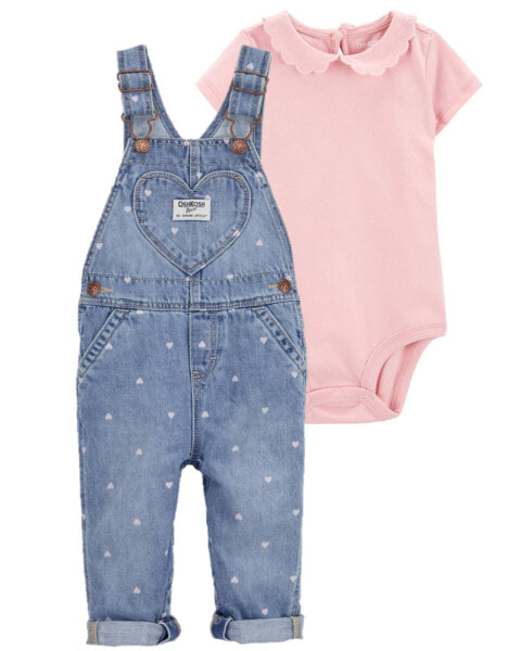 Baby 2-Piece Peter Pan Collar Bodysuit & Denim Overalls Set 18M