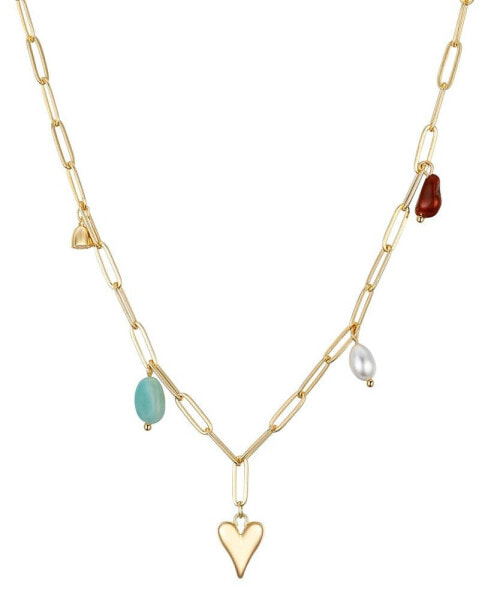 Multi Color Stone and Heart Charm Pendant Necklace