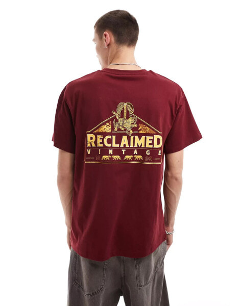 Reclaimed Vintage oversized t-shirt with leopard and logo back graphic in burgundy