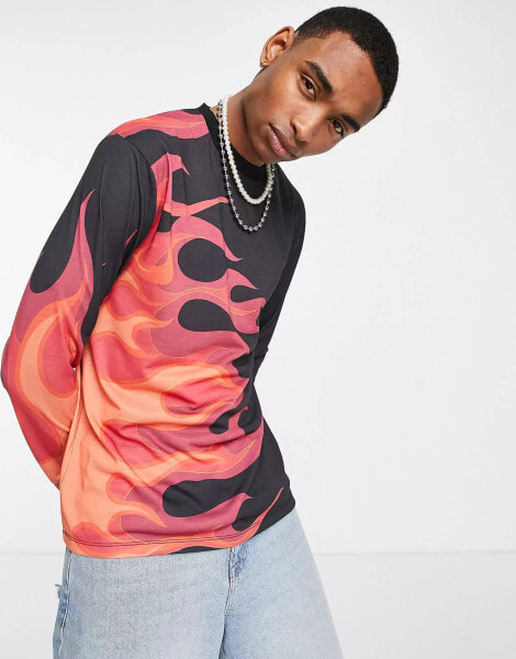 ASOS DESIGN relaxed long sleeve t-shirt in black with flame print