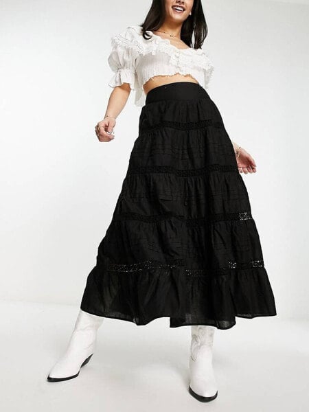 Miss Selfridge cotton lace insert tiered maxi skirt in black 