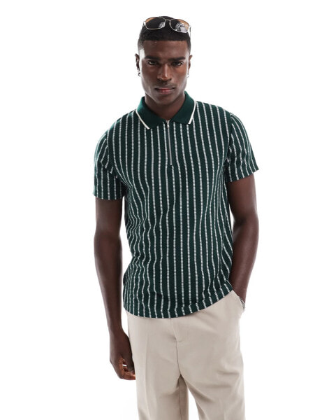 ASOS DESIGN zip polo shirt in green with stripes