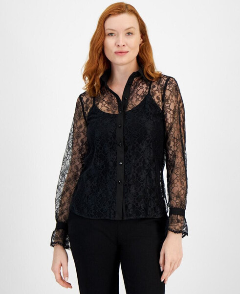 Women's Long-Sleeve Button-Front Lace Shirt