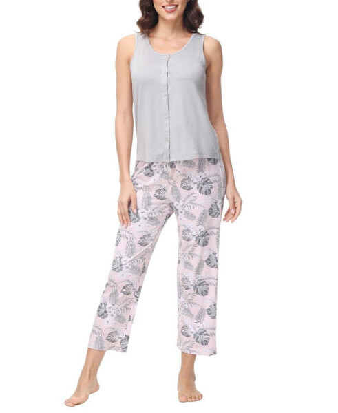 Women's 2 Piece Button Down Top with Cropped Wide Leg Pants Pajama Set