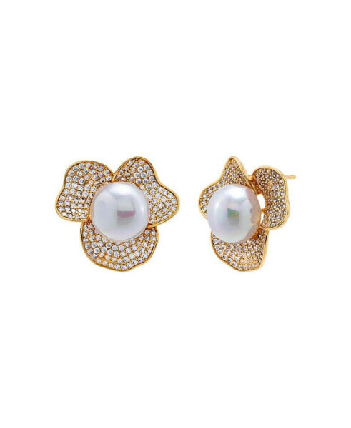 Pave Three Petal Imitation Pearl Stud Earring