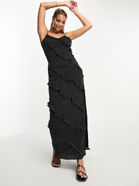 In The Style ruffle detail cami maxi dress in black spot print