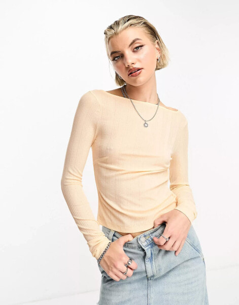 COLLUSION sheer slash neck long sleeve top in ecru